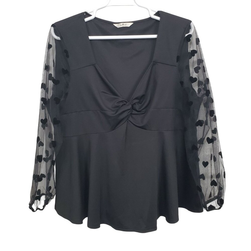 Agnes Orinda Size 3X Blouse Sheer Heart Puff Sleeves V Neck Twisted Front Flowy - Picture 2 of 13
